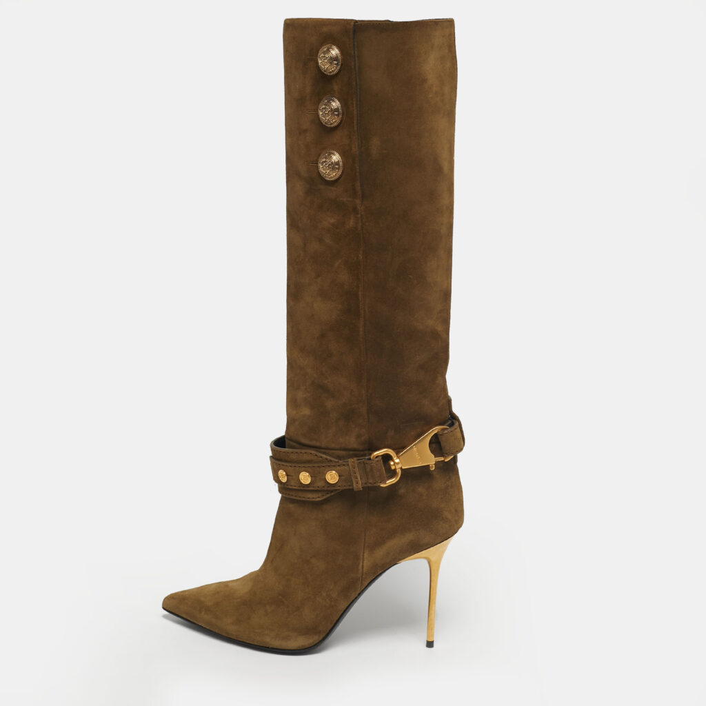 luxury-women-balmain-used-shoes-p1241666-010.jpg Balmain Green Suede Robin Embellish Knee Length Boots Size 39
