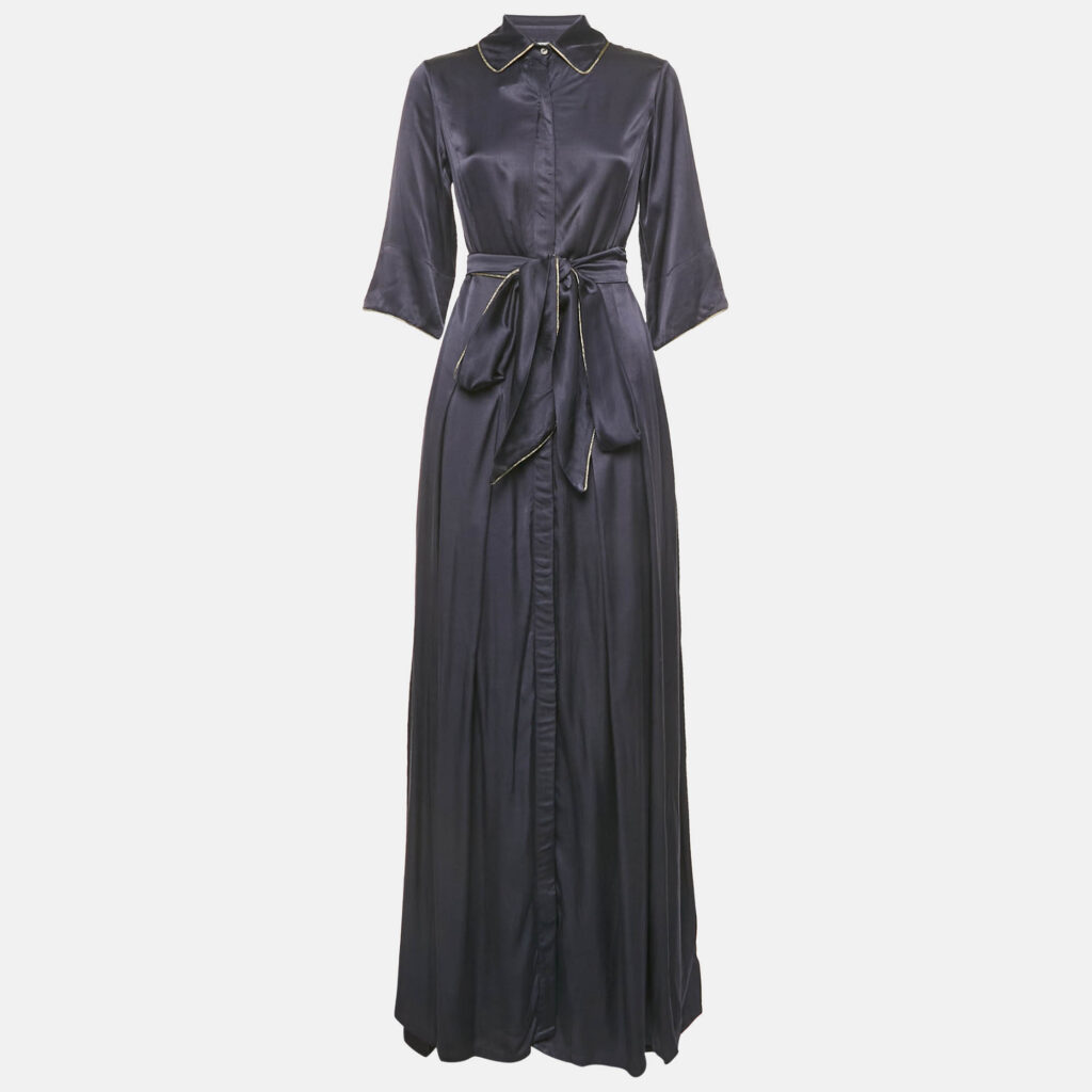Baruni Navy Blue Button Front Belted Maxi Dress S Baruni Navy Blue Button Front Belted Maxi Dress S