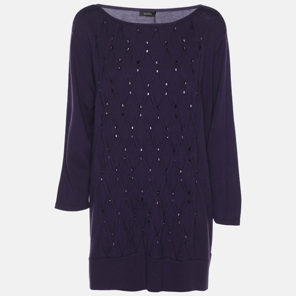Basler Purple Stretch Knit Diamond Crystal Embellished Sweater XL Basler Purple Stretch Knit Diamond Crystal Embellished Sweater XL