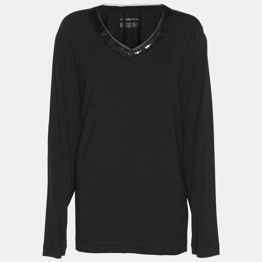 luxury-women-basler-new-clothes-p1186408-001-1.jpg Basler Dark Grey Stretch Knit Ribbon Embellished V Neck Shirt XL