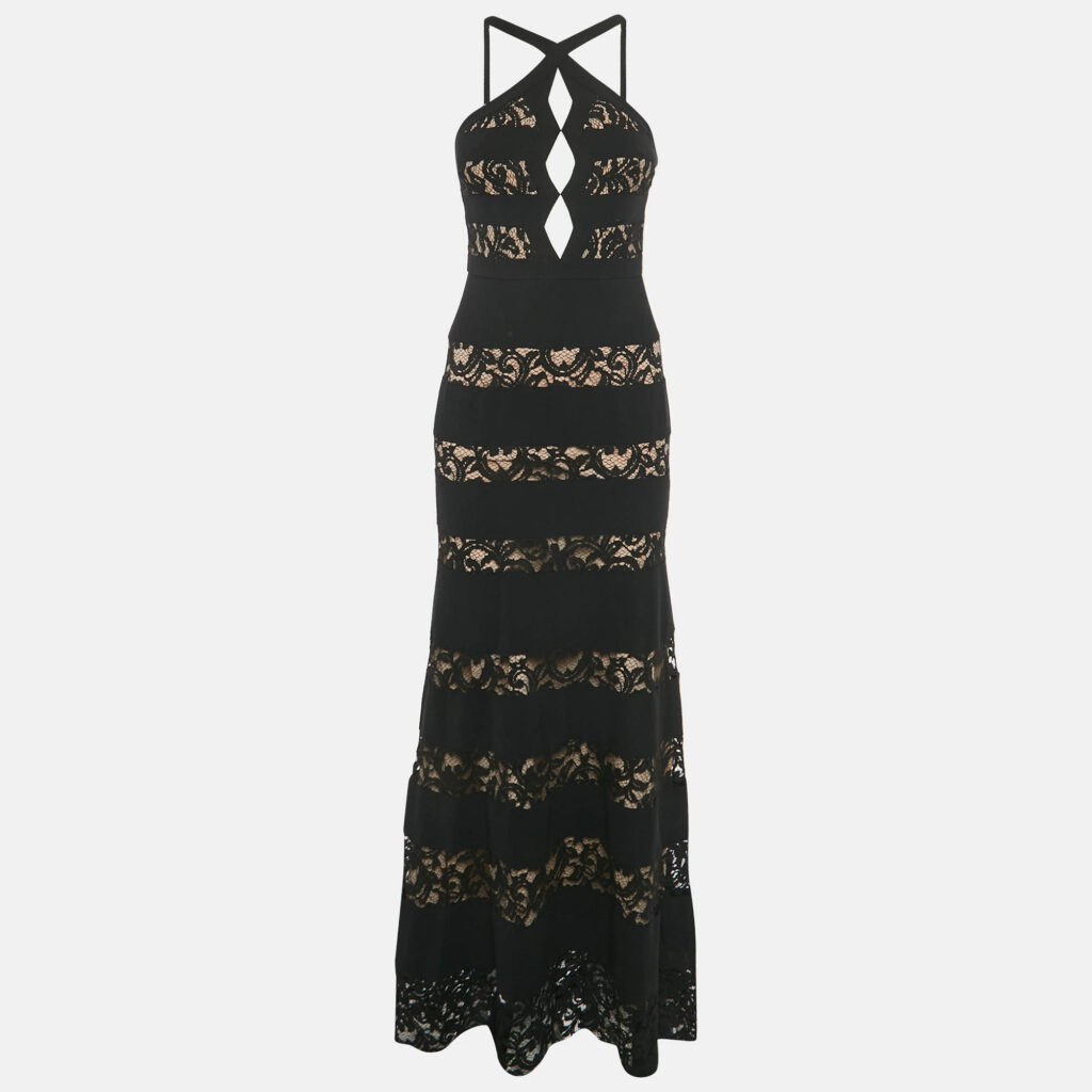 BCBGMAXAZRIA Black Cotton Blend Lace Detail Cut Out Katrina Gown XS