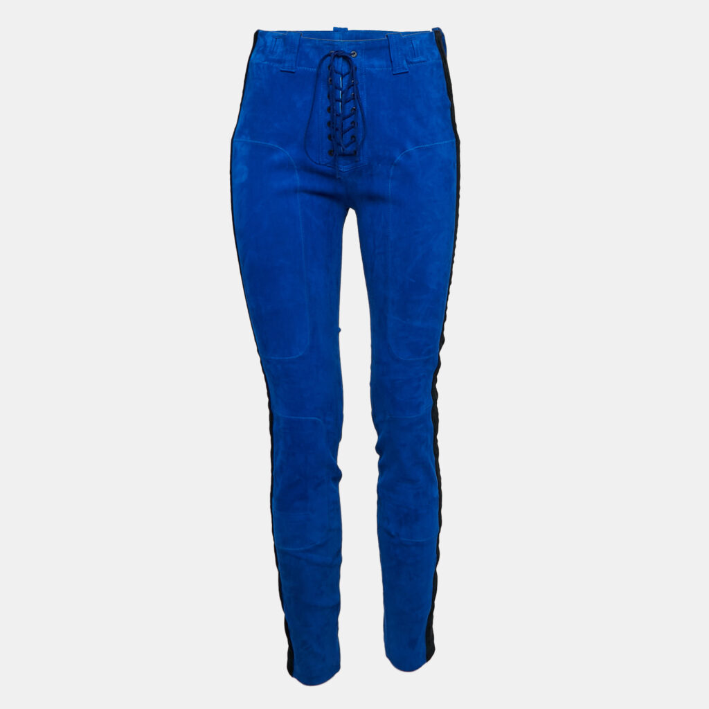 Ben Taverniti Blue Velvet Trim Suede Lace-Trim Unravel Project Trouser M Ben Taverniti Blue Velvet Trim Suede Lace-Trim Unravel Project Trouser M