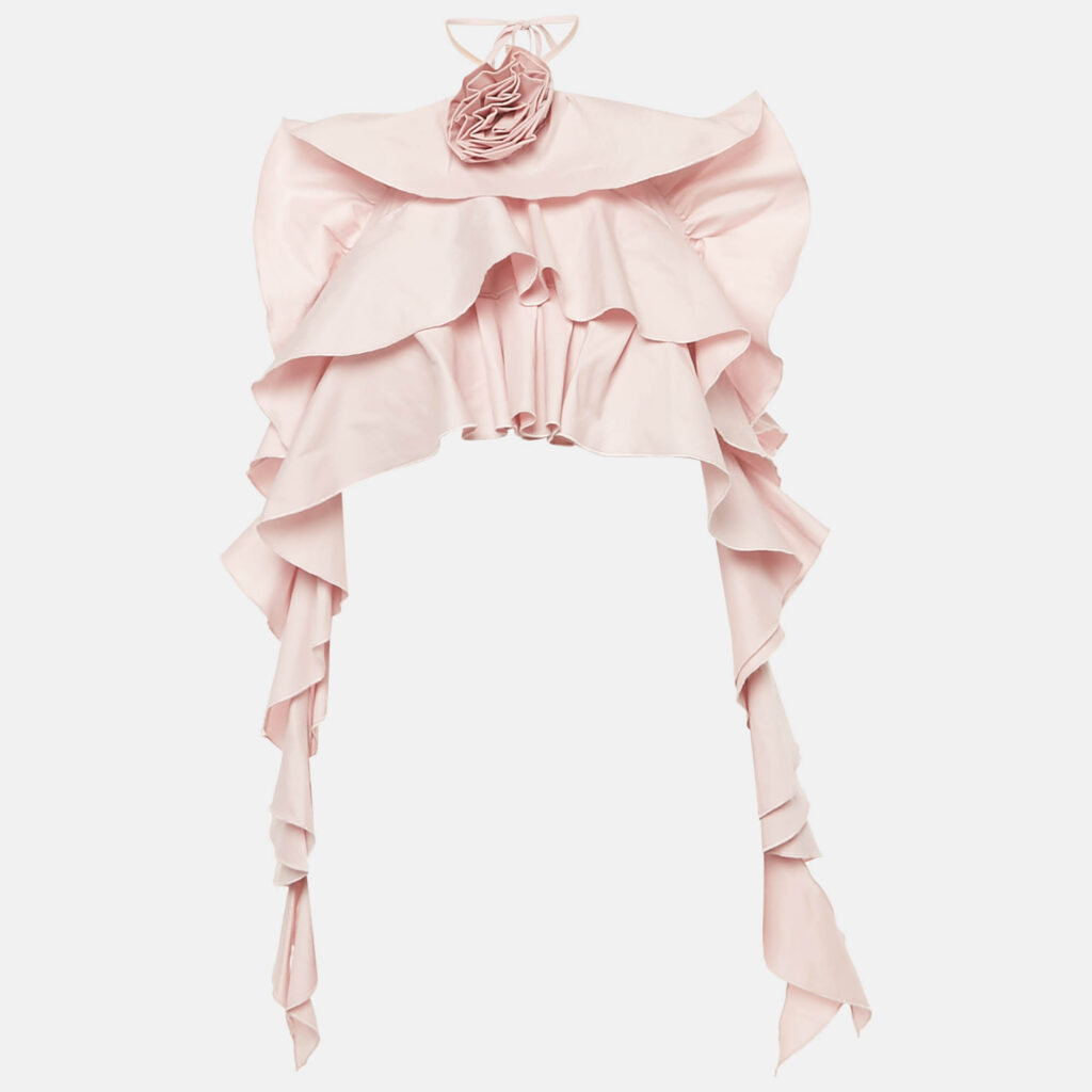 Blumarine Pink Cotton Halter Neck Ruffled Rose Detail Crop Top L Blumarine Pink Cotton Halter Neck Ruffled Rose Detail Crop Top L