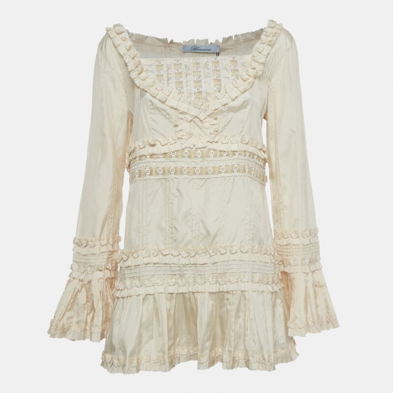 Blumarine Cream Embellished Silk Ruffle Detail Blouse L Blumarine Cream Embellished Silk Ruffle Detail Blouse L