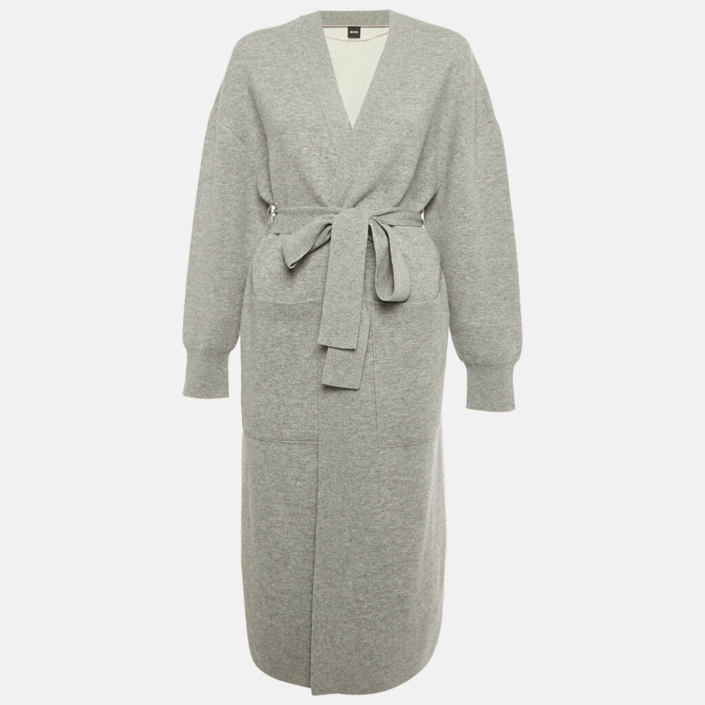 Boss By Hugo Boss Grey Wool Knit Belted Febrana Cardigan L