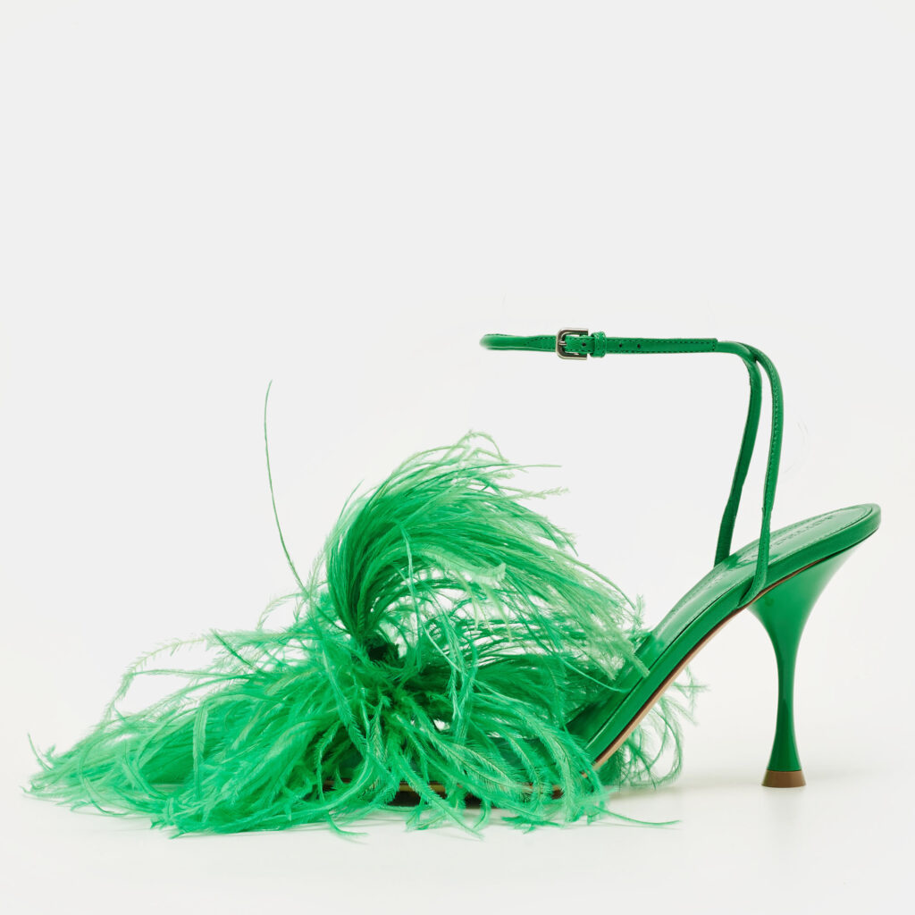 Bottega Veneta Dot Size 39 Green Fur and Leather Ankle Strap Sandals