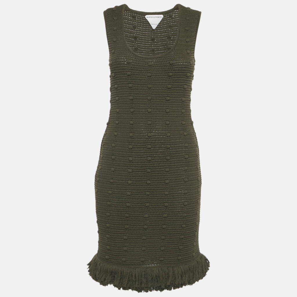 Bottega Veneta Olive Green Crochet Fringe Detail Mini Dress XS Bottega Veneta Olive Green Crochet Fringe Detail Mini Dress XS