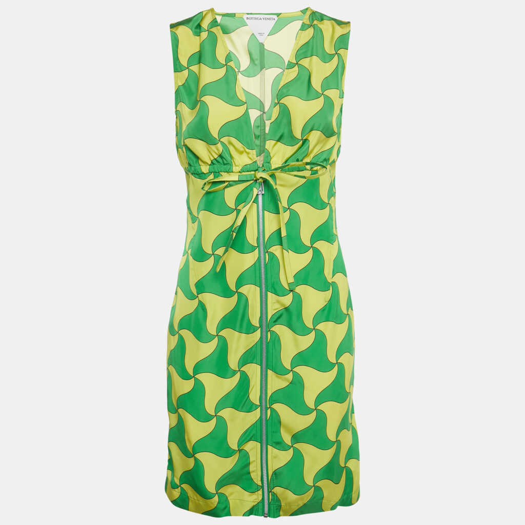 Bottega Veneta Green/Yellow Wavy Triangle Print Parachute Silk Mini Dress S Bottega Veneta Green/Yellow Wavy Triangle Print Parachute Silk Mini Dress S