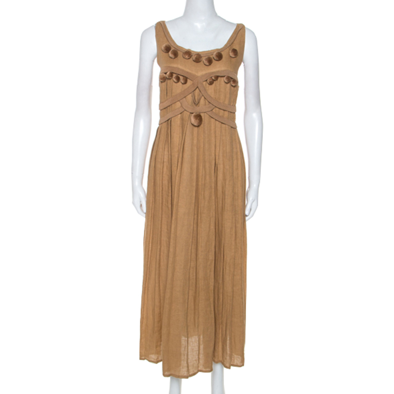 Bottega Veneta Camel Beige Linen Pom Pom Detail Pleated Dress L Bottega Veneta Camel Beige Linen Pom Pom Detail Pleated Dress L