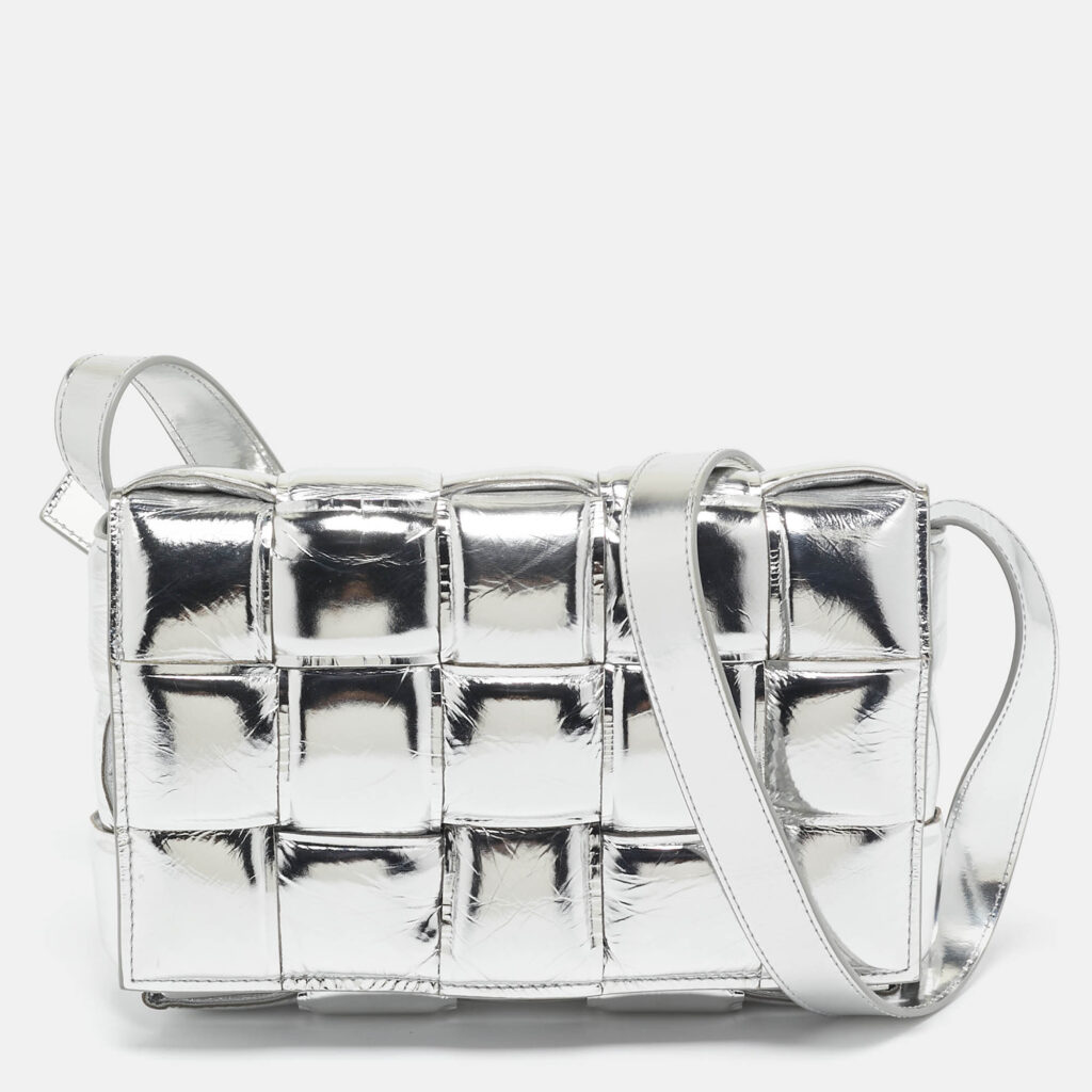 Bottega Veneta Silver Leather Intrecciato Cassette Padded Shoulder Bag Bottega Veneta Silver Leather Intrecciato Cassette Padded Shoulder Bag