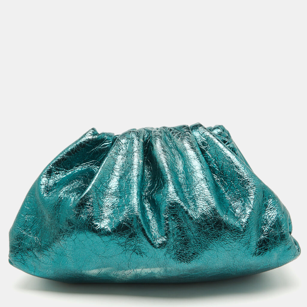 Bottega Veneta Metallic Green Leather Teen Pouch Clutch Bottega Veneta Metallic Green Leather Teen Pouch Clutch