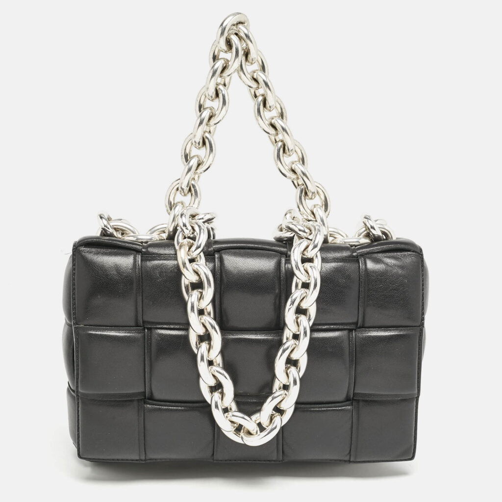Bottega Veneta Black Intreccio Leather Padded Cassette Flap Shoulder Bag