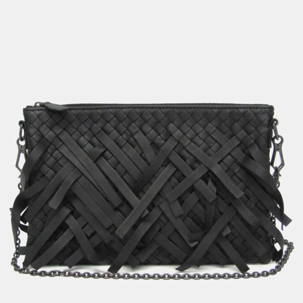 Bottega Veneta Black Intrecciato Fringed Leather Chain Shoulder Bag Bottega Veneta Black Intrecciato Fringed Leather Chain Shoulder Bag