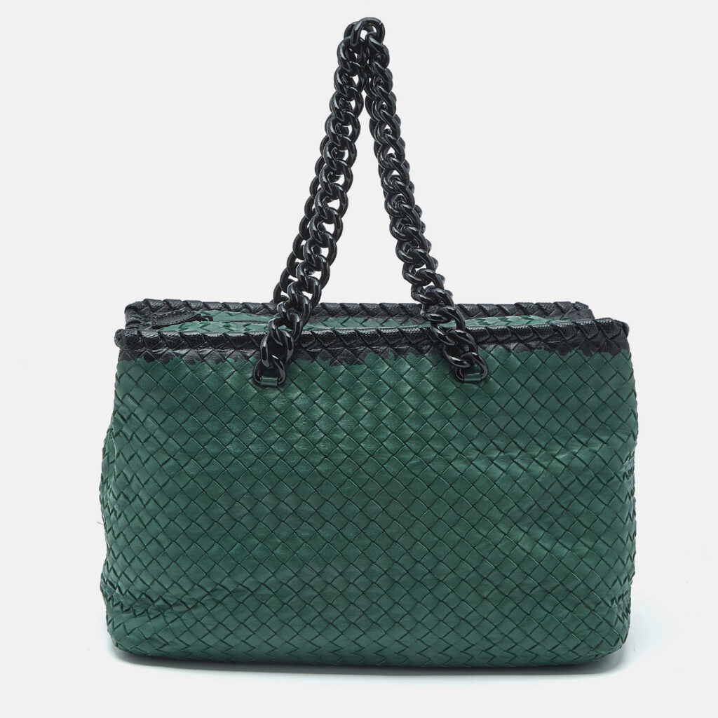 luxury-women-bottega-veneta-used-handbags-p1177632-013.jpg Bottega Veneta Green/Black Intrecciato Leather and Karung Chain Tote