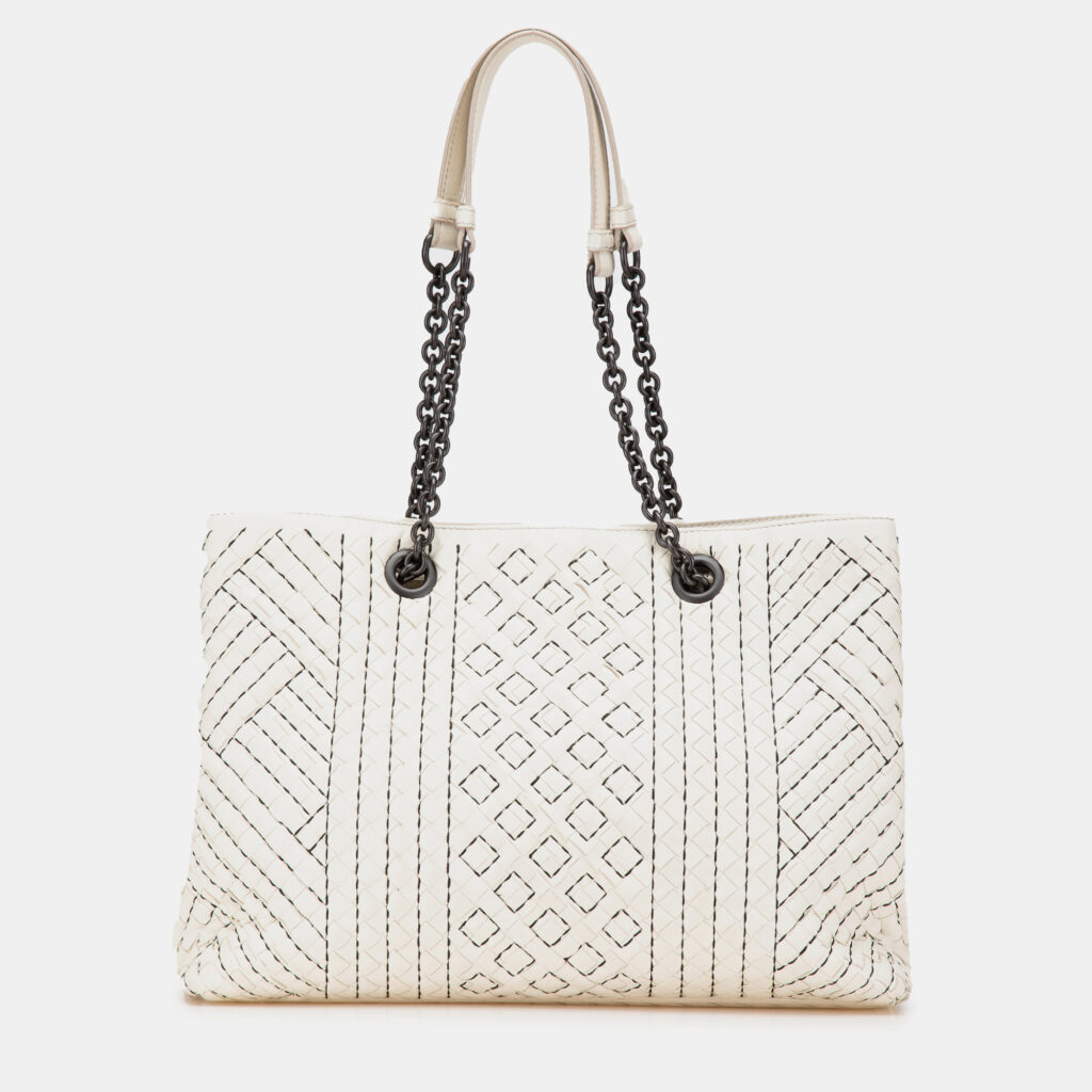 Bottega Veneta Double Chain Tote Medium White Intrecciato Stitched Leather Bag Bottega Veneta Double Chain Tote Medium White Intrecciato Stitched Leather Bag