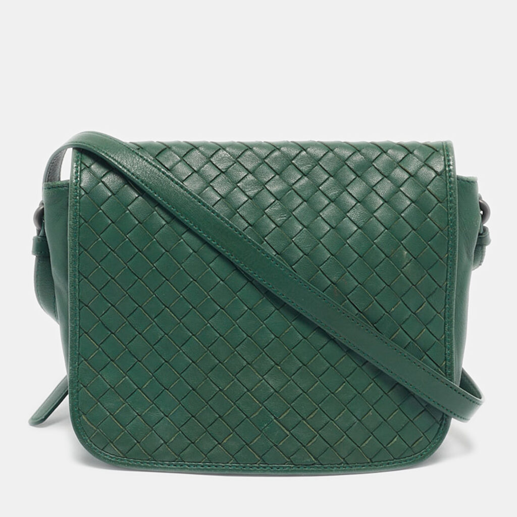 Bottega Veneta Green Intrecciato Leather Flap Crossbody Bag Bottega Veneta Green Intrecciato Leather Flap Crossbody Bag
