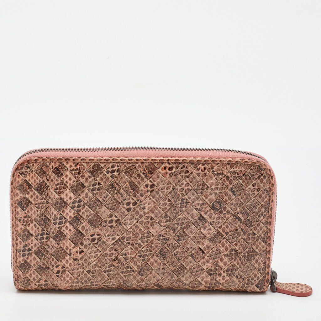 Bottega Veneta Peach/Brown Intrecciato Karung Leather Zip Continental Wallet Bottega Veneta Peach/Brown Intrecciato Karung Leather Zip Continental Wallet