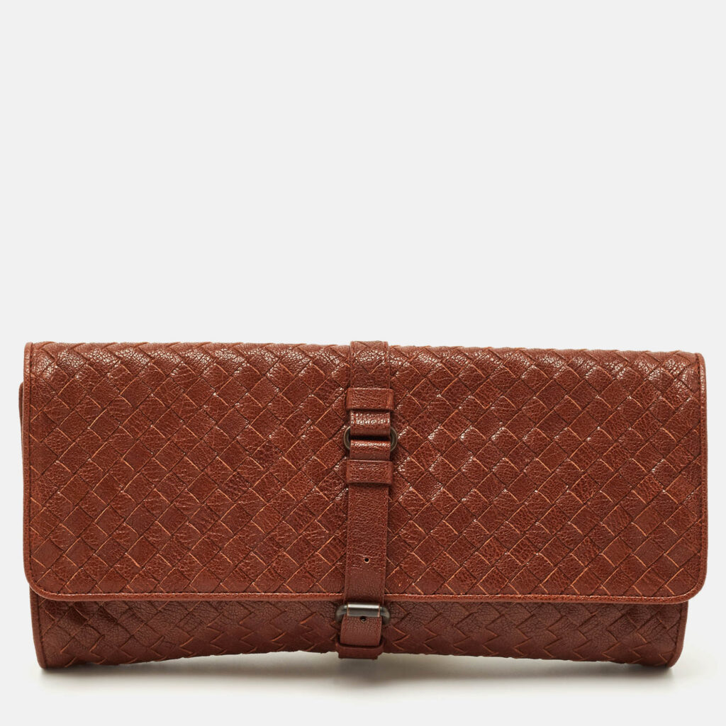 Bottega Veneta Brown Intrecciato Leather Strap Clutch Bottega Veneta Brown Intrecciato Leather Strap Clutch
