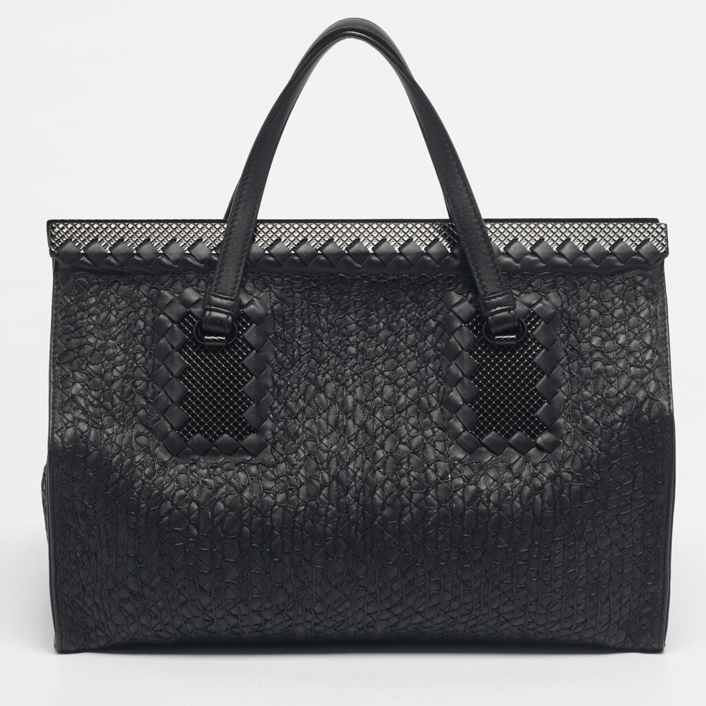 Bottega Veneta Black Embroidered Intrecciato Leather Frame Satchel Bottega Veneta Black Embroidered Intrecciato Leather Frame Satchel