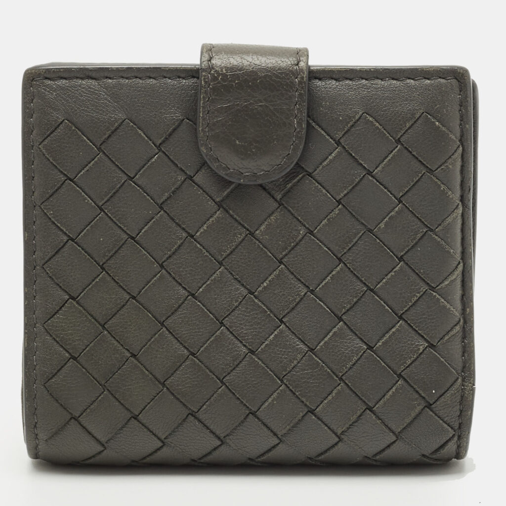 Bottega Veneta Grey Intrecciato Leather Flap French Wallet