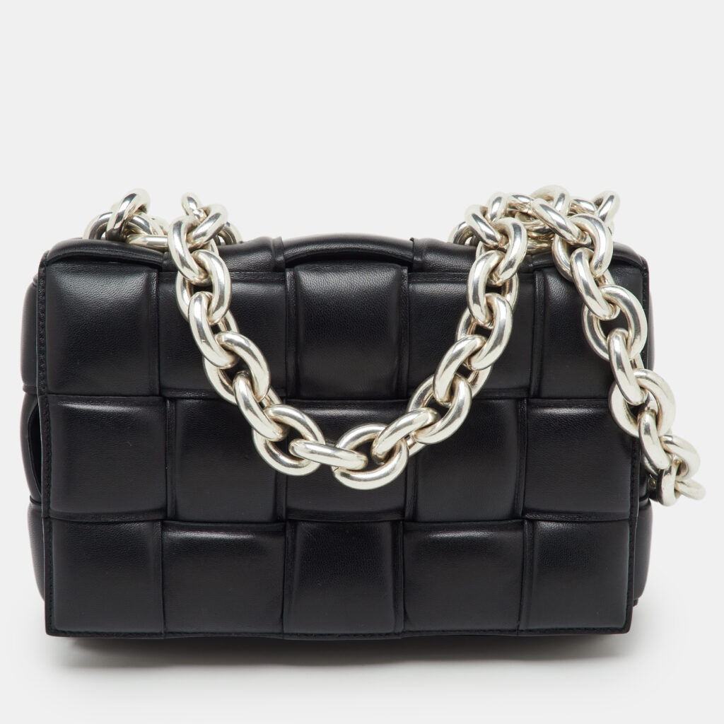 Bottega Veneta Black Leather Padded Cassette Chain Shoulder Bag Bottega Veneta Black Leather Padded Cassette Chain Shoulder Bag