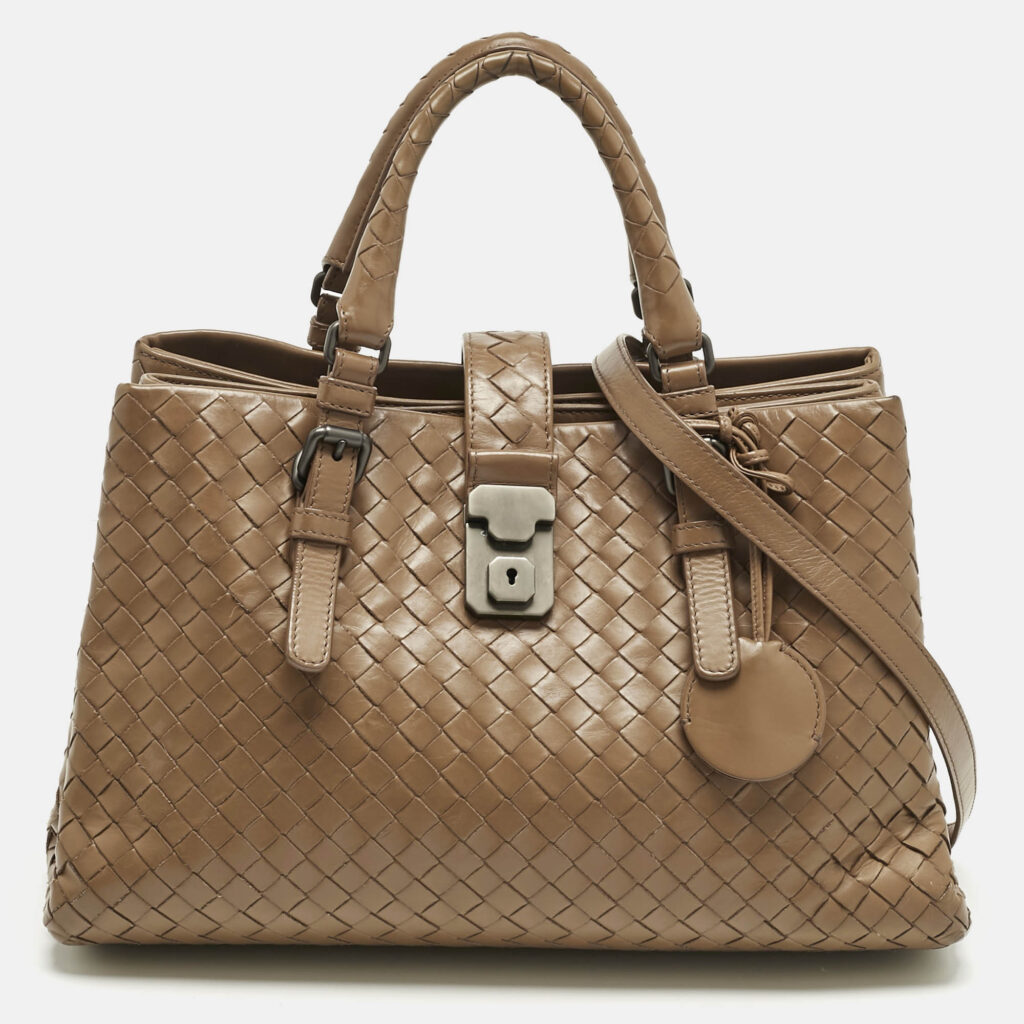 luxury-women-bottega-veneta-used-handbags-p1217793-018.jpg Bottega Veneta Brown Intrecciato Leather Small Roma Tote