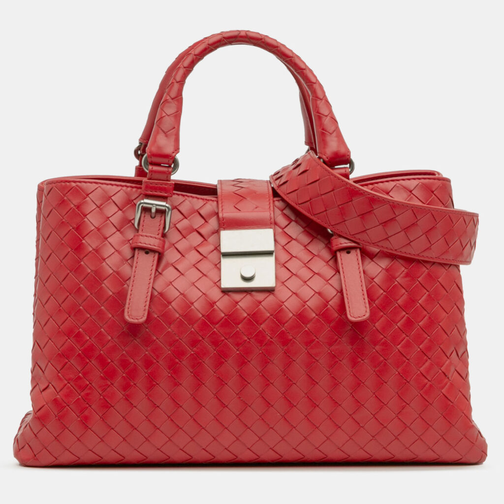 luxury-women-bottega-veneta-used-handbags-p1219864-011-1.jpg Bottega Veneta Red Small Nappa Intrecciato Roma Satchel
