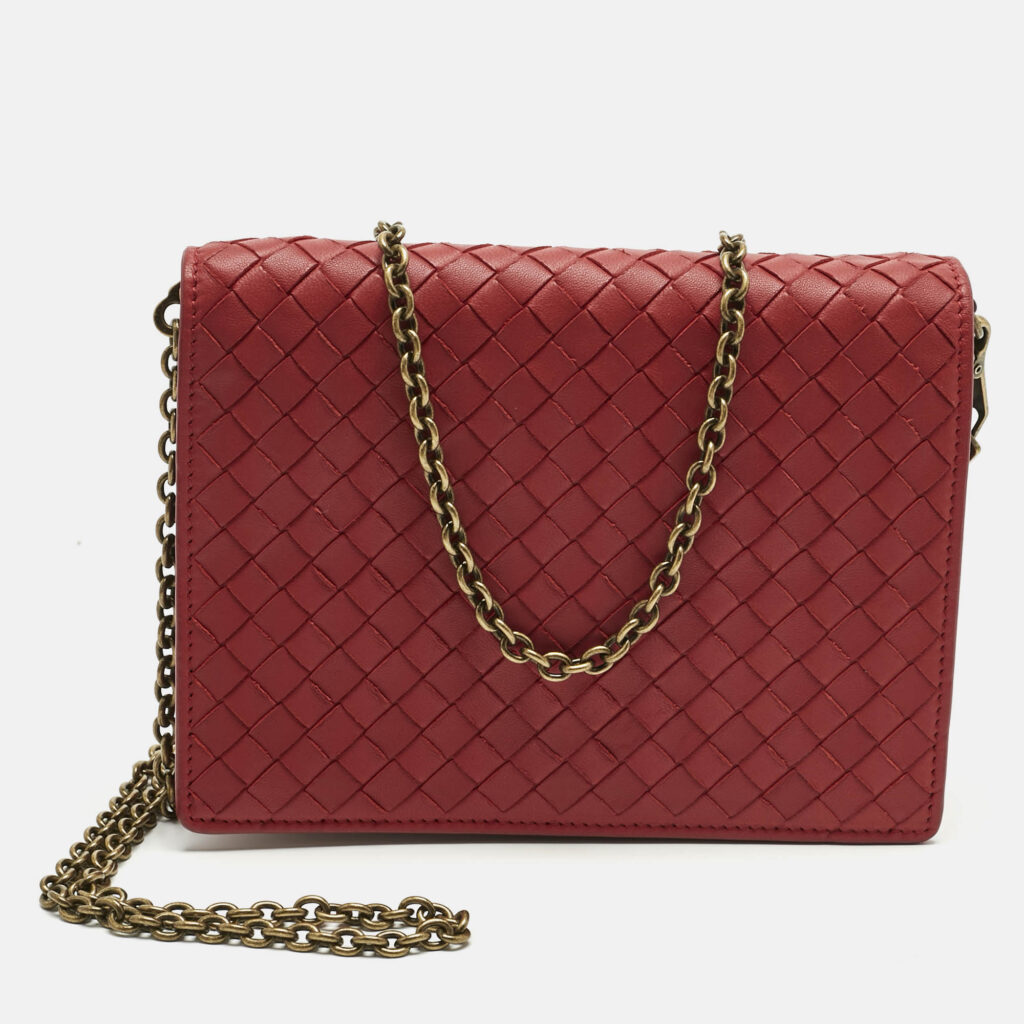Bottega Veneta Red Intrecciato Leather Flap Wallet On Chain Bottega Veneta Red Intrecciato Leather Flap Wallet On Chain