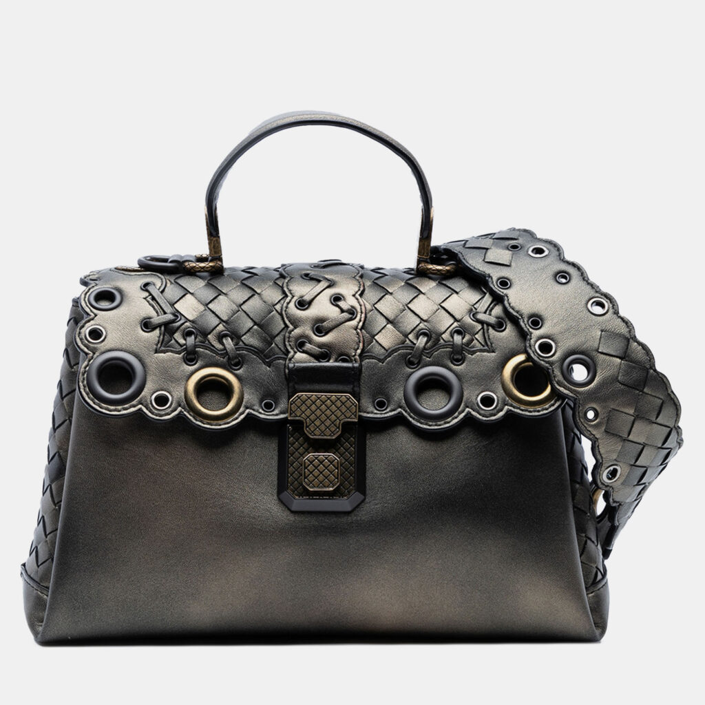 Bottega Veneta Brown Small Intrecciato Trimmed Metallic Nappa Grommet Piazza Satchel