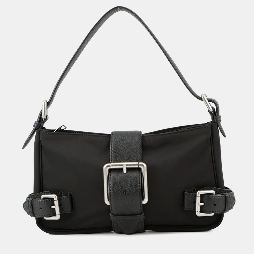 Bottega Veneta Flap Buckle Shoulder Bag Black Nylon Leather