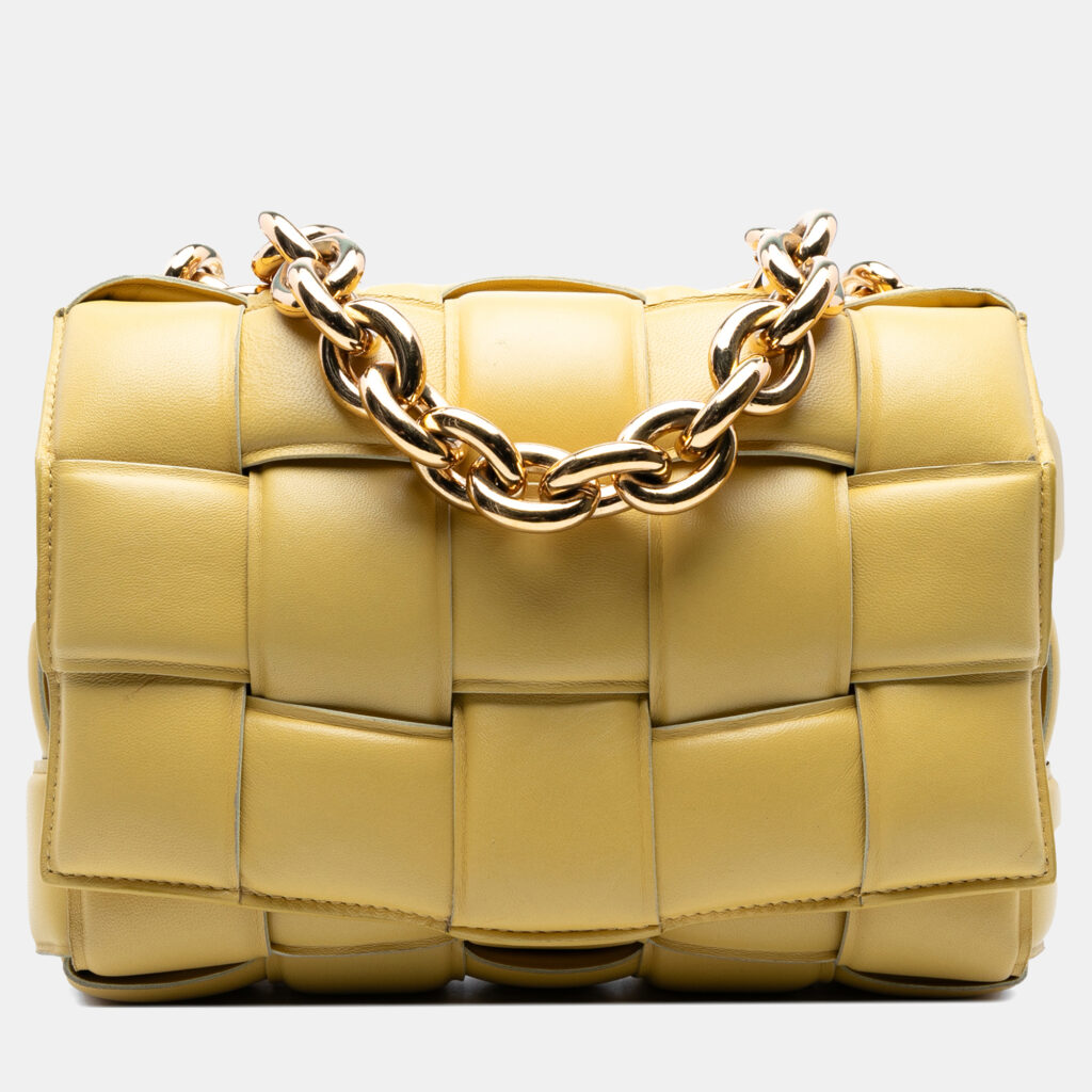 Bottega Veneta Yellow Nappa Intrecciato Padded Chain Cassette Satchel Bottega Veneta Yellow Nappa Intrecciato Padded Chain Cassette Satchel