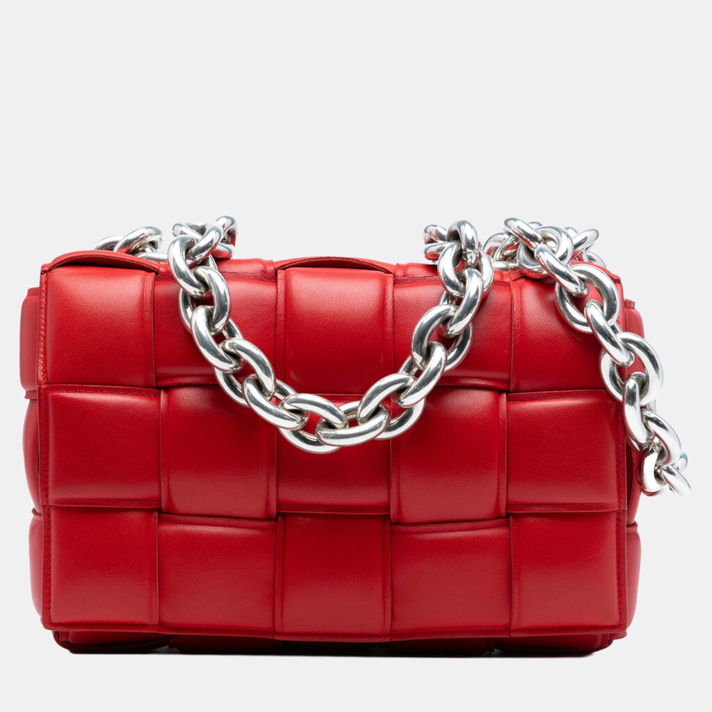 Bottega Veneta Red Nappa Intrecciato Padded Chain Cassette Satchel Bottega Veneta Red Nappa Intrecciato Padded Chain Cassette Satchel