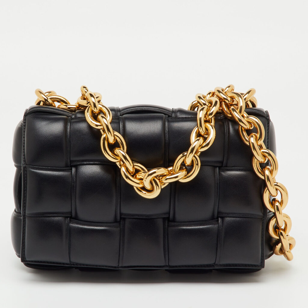 luxury-women-bottega-veneta-used-handbags-p1237417-009.jpg Bottega Veneta Black Padded Leather Cassette Chain Top Handle Bag