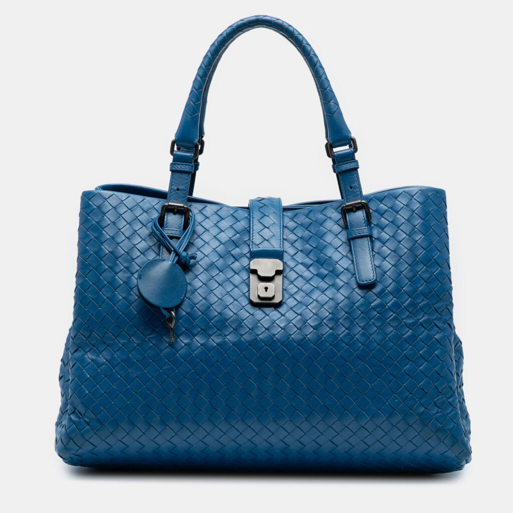 luxury-women-bottega-veneta-used-handbags-p1237528-006.jpg Bottega Veneta Blue Medium Nappa Intrecciato Roma Tote