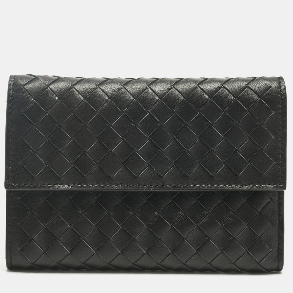 Bottega Veneta Black Intrecciato Leather Trifold Flap Wallet