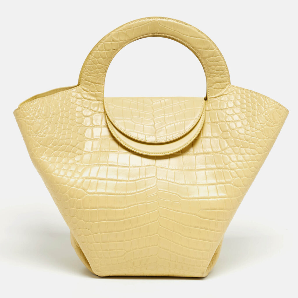 luxury-women-bottega-veneta-used-handbags-p1237789-012.jpg Bottega Veneta Yellow Crocodile Embossed Leather Doll Tote