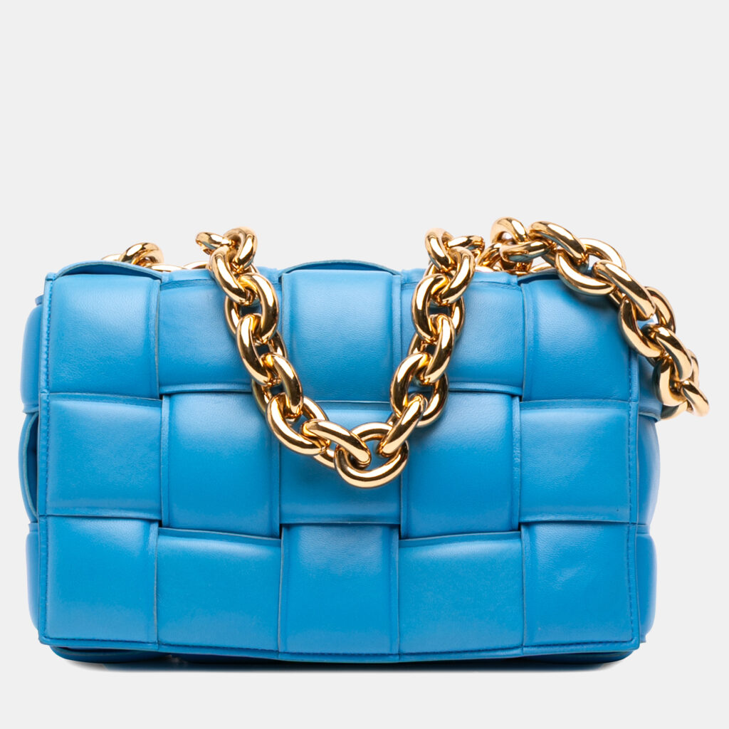 Bottega Veneta Blue Nappa Intrecciato Padded Chain Cassette Satchel Bottega Veneta Blue Nappa Intrecciato Padded Chain Cassette Satchel