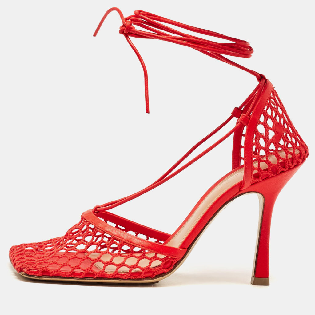 Bottega Veneta Coral Red Mesh and Leather Stretch Wrap Pumps Size 38 Bottega Veneta Coral Red Mesh and Leather Stretch Wrap Pumps Size 38