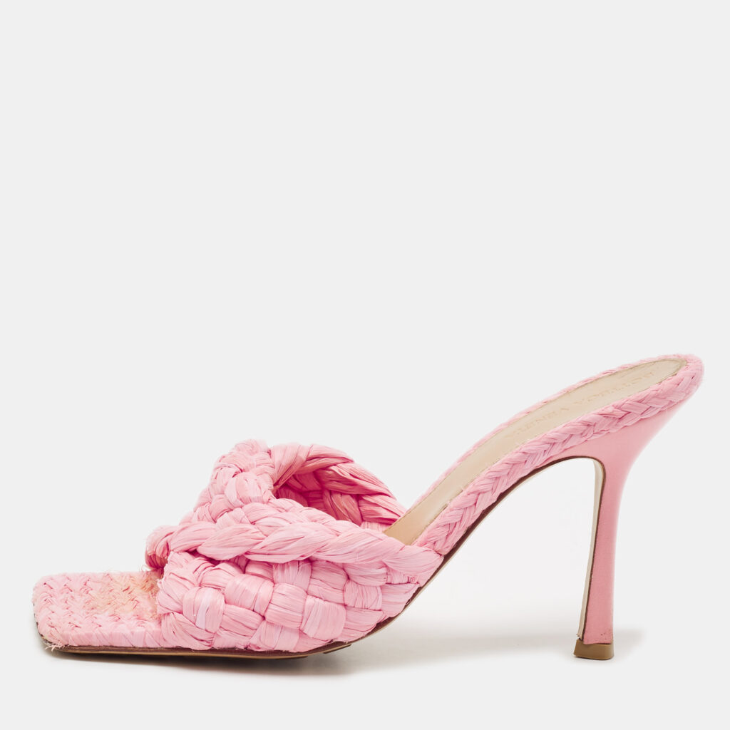 Bottega Veneta Pink Woven Raffia Stretch Slide Sandals Size 39