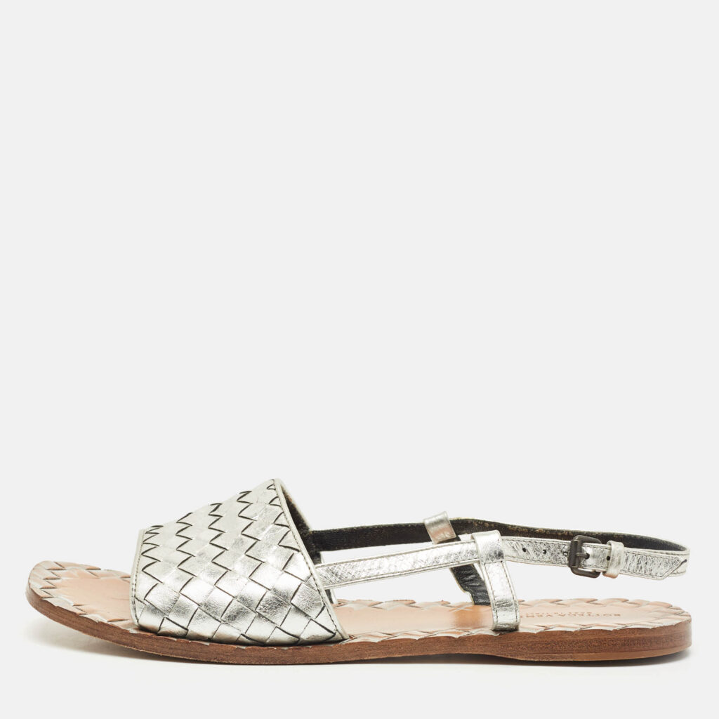 Bottega Veneta Silver Intrecciato Leather Calvados Slingback Sandals Size 38 Bottega Veneta Silver Intrecciato Leather Calvados Slingback Sandals Size 38