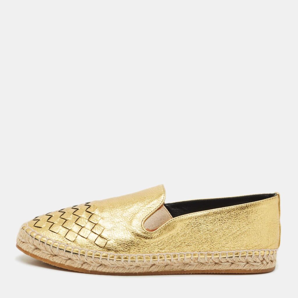 Bottega Veneta Gold Leather Intrecciato Espadrille Flats Size 37 Bottega Veneta Gold Leather Intrecciato Espadrille Flats Size 37