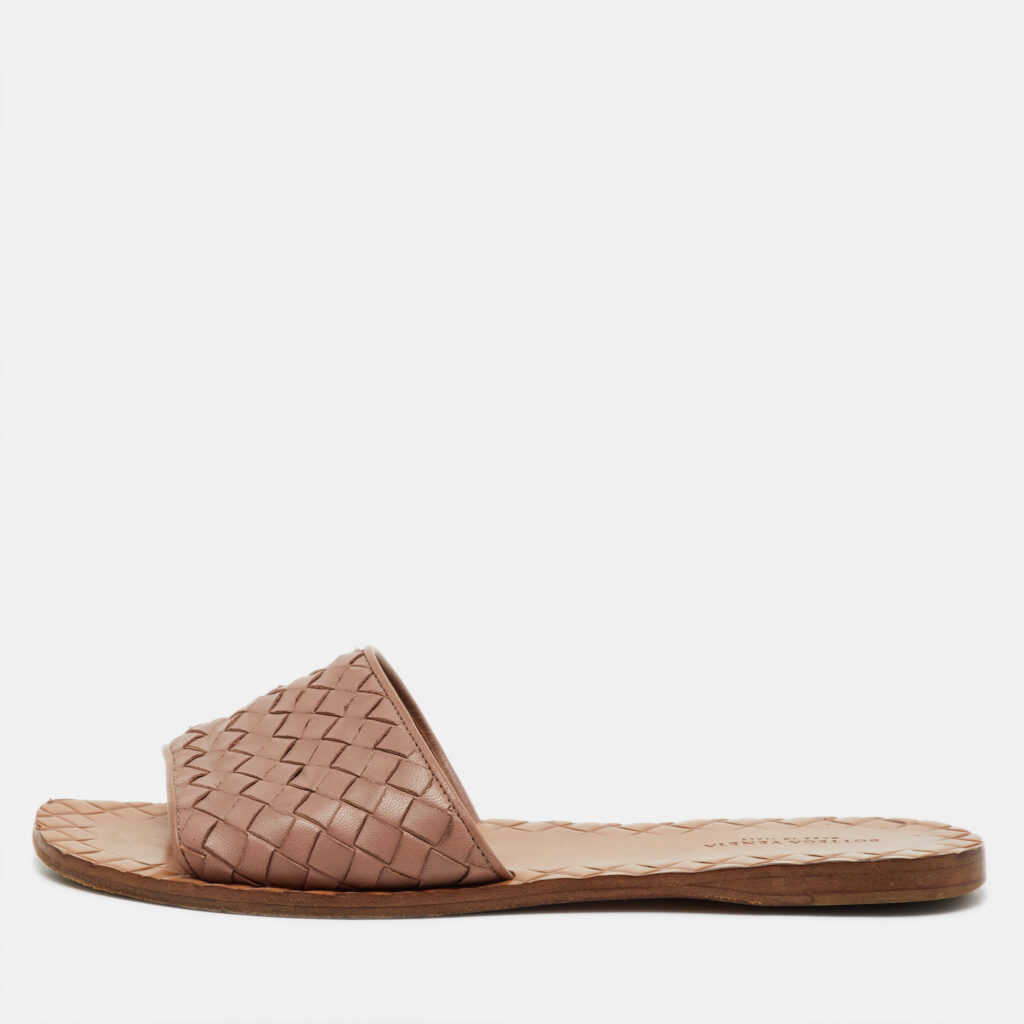 Bottega Veneta Light Brown Intreciatto Leather Flat Slide Sandals Size 37