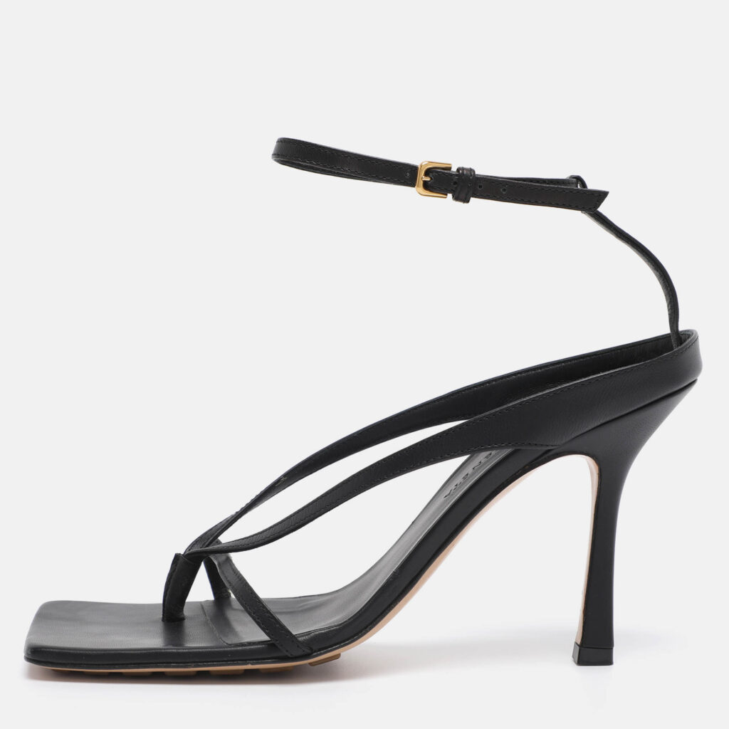 Bottega Veneta Black Leather Stretch Square Ankle Strap Sandals Size 38