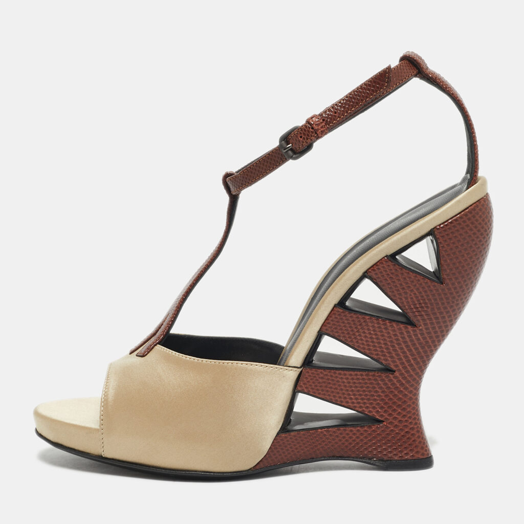 Bottega Veneta Beige/Silver Lizard Embossed Leather and Satin Wedge Sandals Size 39