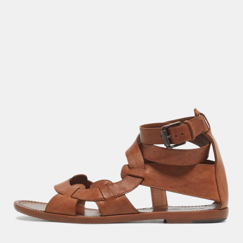 Bottega Veneta Brown Leather Ankle Wrap Flat Sandals Size 39