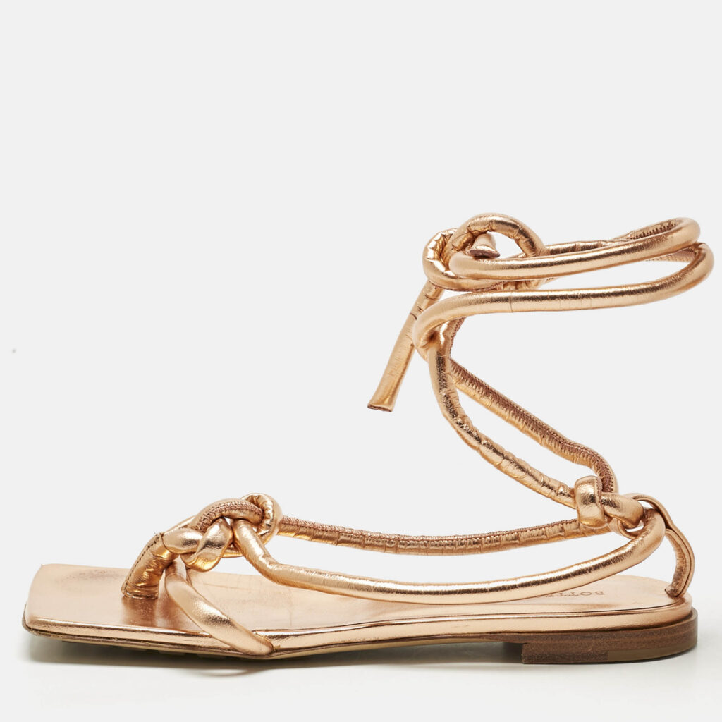 Bottega Veneta Gold Leather Ankle Wrap Flat Sandals Size 36 Bottega Veneta Gold Leather Ankle Wrap Flat Sandals Size 36