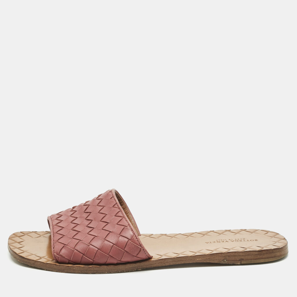 Bottega Veneta Pink Intrecciato Leather Flat Slides Size 36