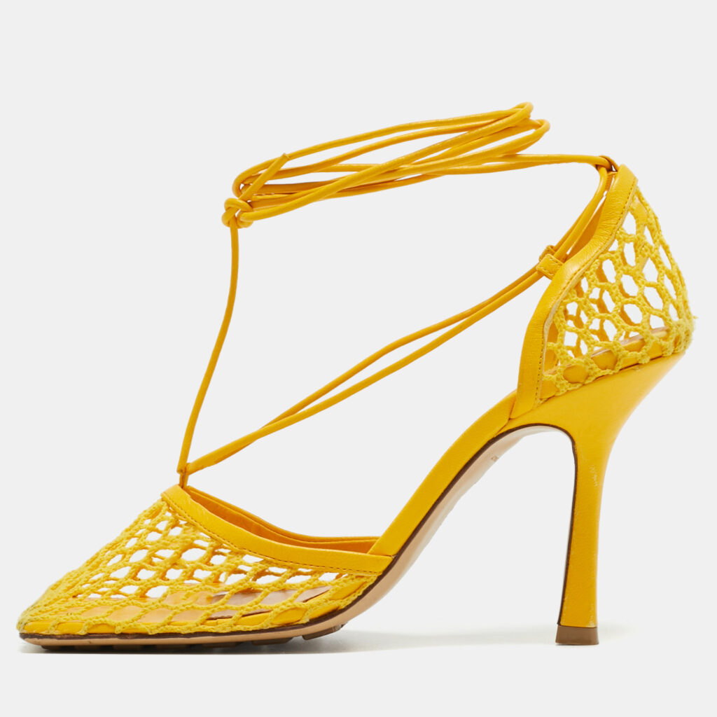 Bottega Veneta Yellow Leather And Mesh Ankle Wrap Pumps Size 37