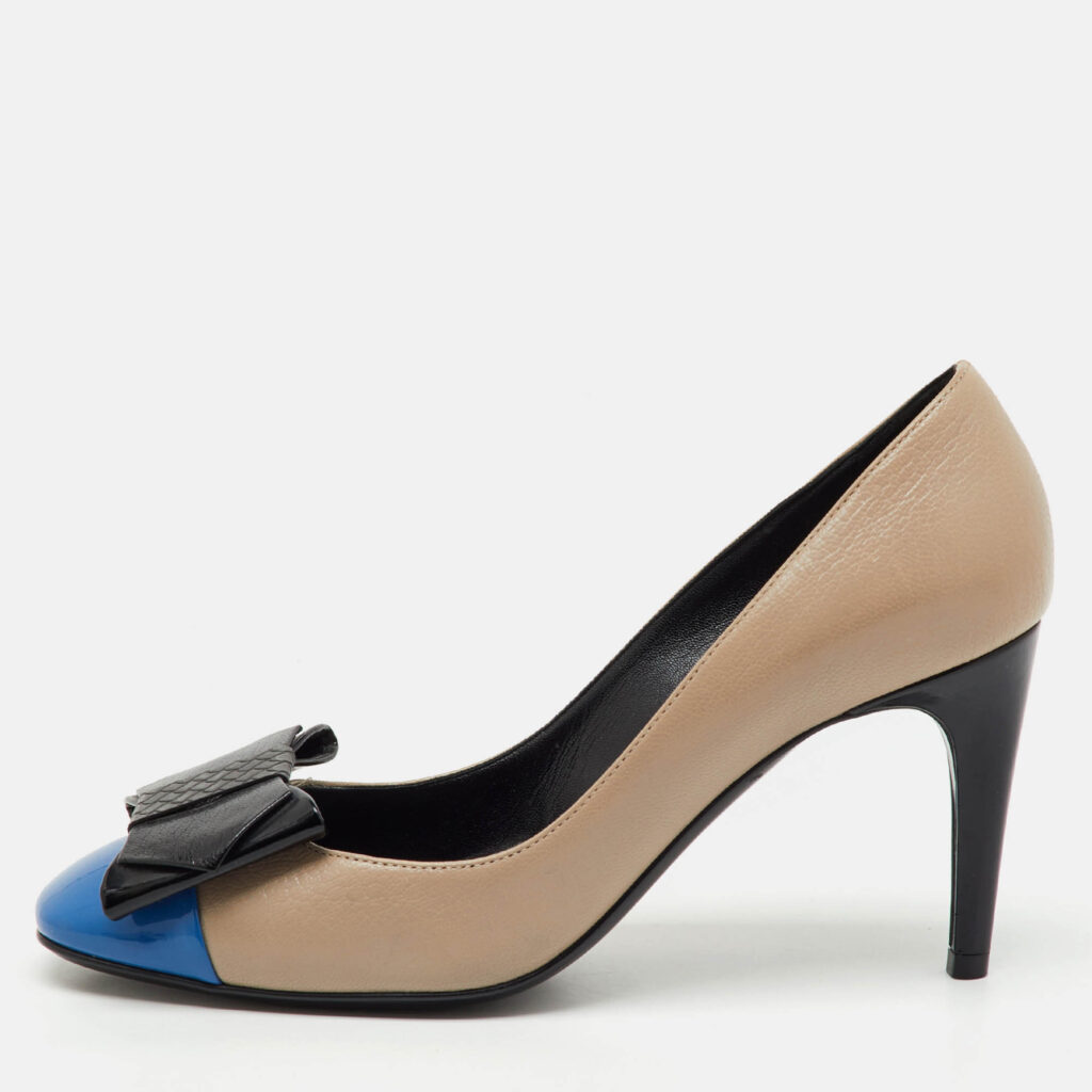 Bottega Veneta Tri Color Leather and Patent Cap Toe Bow Pumps Size 38