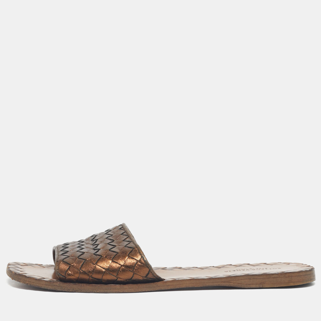 Bottega Veneta Metallic Bronze Leather Intrecciato Slide Flats Size 36.5